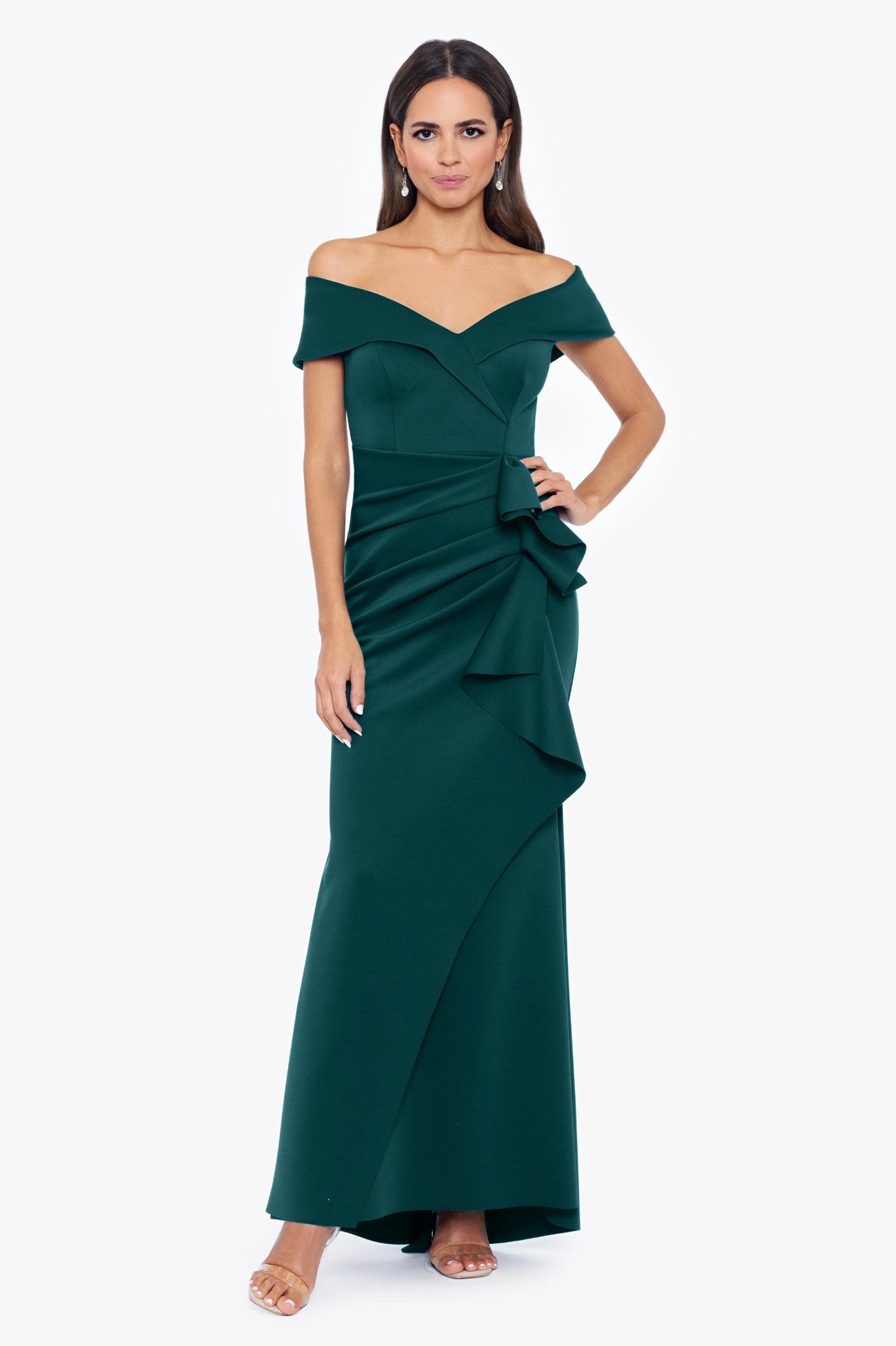 green emerald velvet dress Samantha Organza One Shoulder Ruffle Floor Length Dress