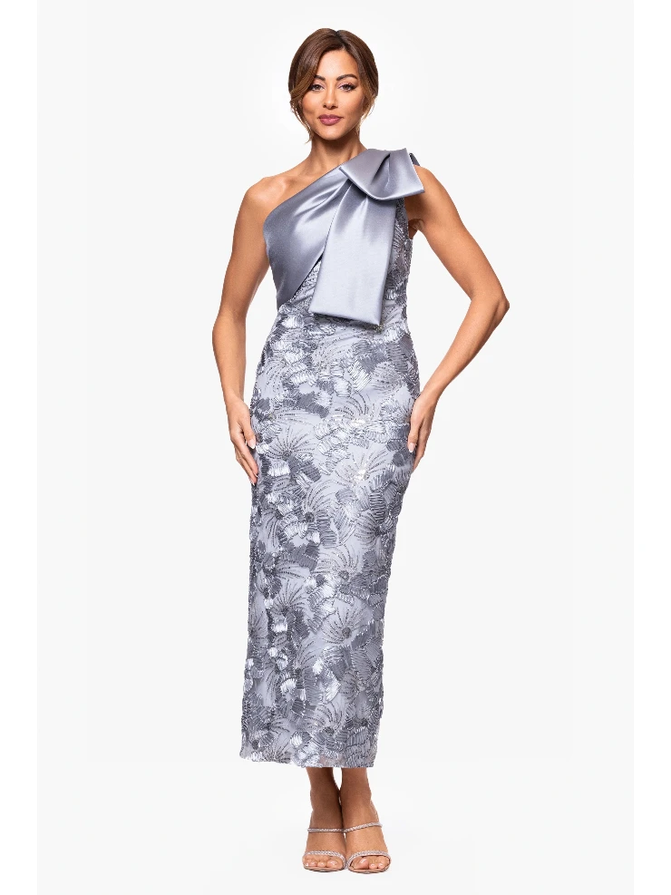betsy and adam silver dress Betsy & Adam | She is a grace of Black, Gold, and Silver Graclyn Metallic Knit One Shoulder Flowy Sleeve Floor Length Dress